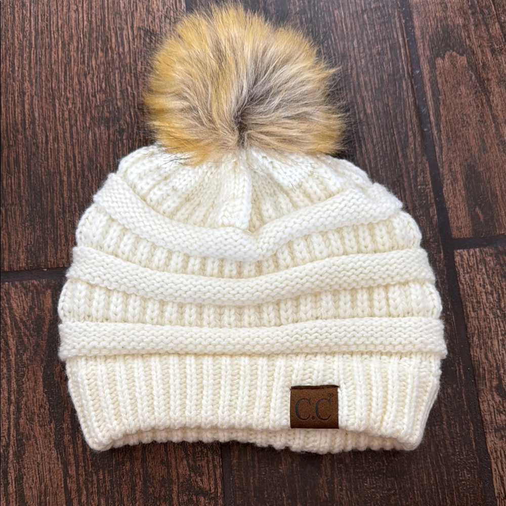 C.C Cream and Brown Knit Beanie with Plush Pom